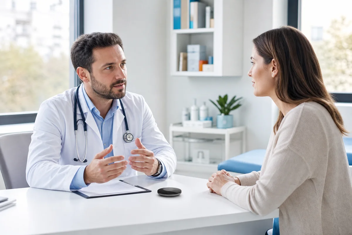 Medic discutând natural cu o pacientă în timpul unei consultații